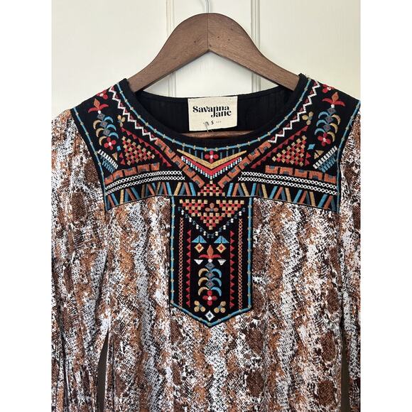 Savannah Jane Embroidered Blouse Womens Size Small Animal Print Boho NWT - Picture 2 of 9